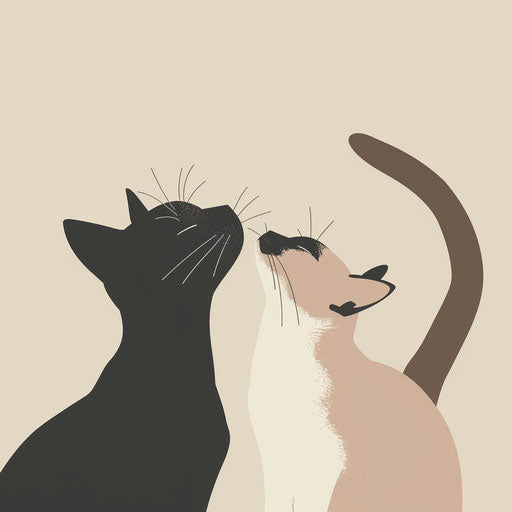 Siamese cats petted, minimalist elegance, beige and indigo
