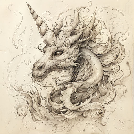 Mystical creature holding eleven tattoo sketch with horns