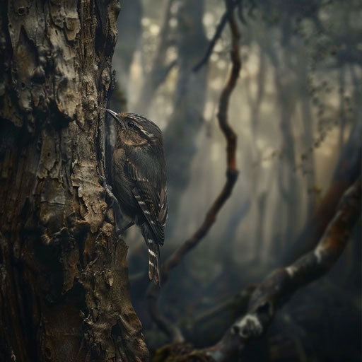 Bird creeper wall camouflaged against tree in misty dense woodland