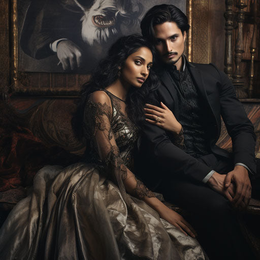 Indian couple in gothic romance wedding photo