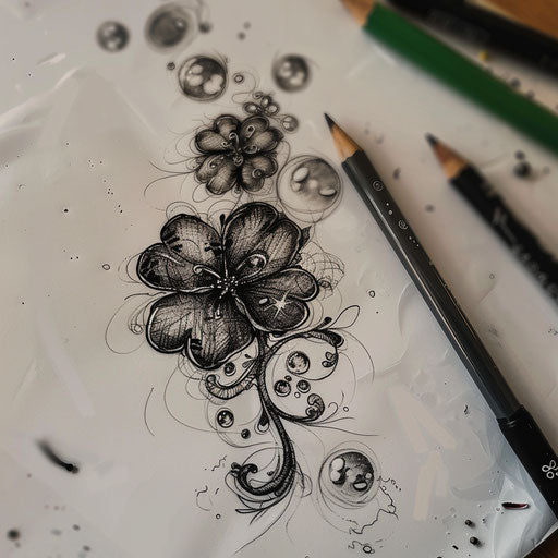 Whimsical tattoo sketch of a black clover floating among bubbles and whimsical creatures