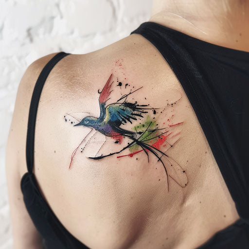 Modern abstract swallow tattoo, minimalist design with splashes of color, on a white gallery wall