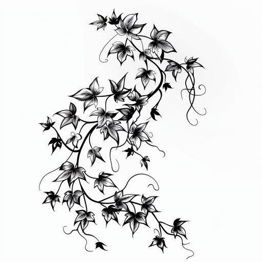 Japanese vine tattoo in minimalist black line style on white