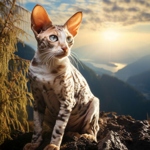 Cornish Rex cat sitting in front of mountain scenery