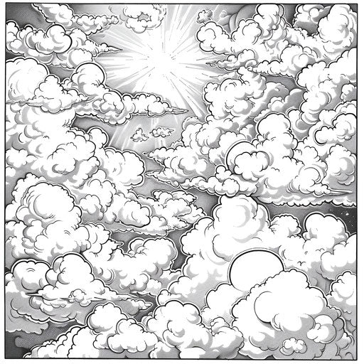 Clouds forming various animal shapes, coloring book page