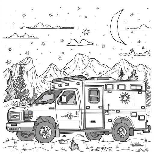 Simple and bold ambulance outline with scenic hill and tree background