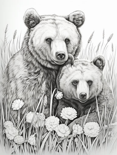 Bears standing together in grass coloring pages