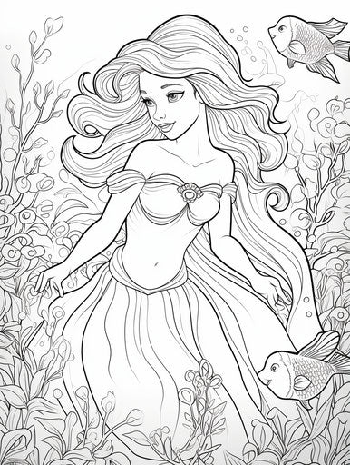 Disney Ariel coloring page, pictorial style, light cyan and emerald