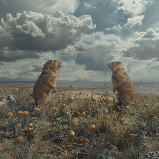 Prairie dogs in a surreal and dreamy landscape