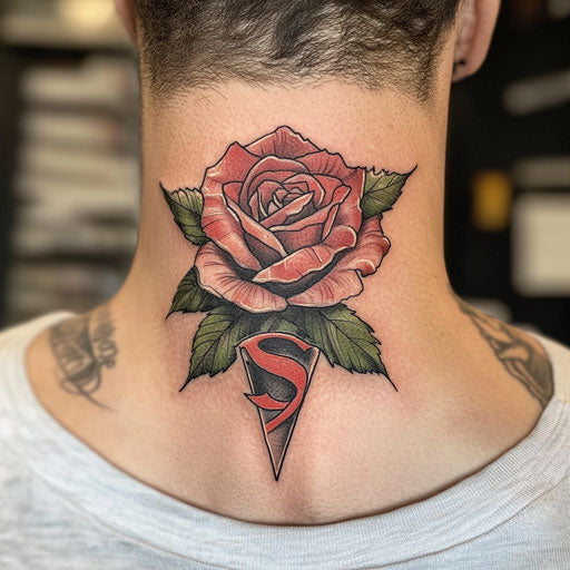 Rose neck tattoo in the style of Steve McNiven