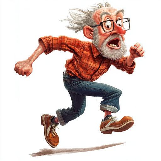 Humorous caricature of a grandpa clipart with exaggerated human characteristics, large nose, big feet, running, vibrant colors, cartoon style, surprised, high-resolution, no background, isolated