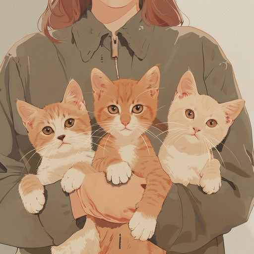 Three kittens with person holding cat