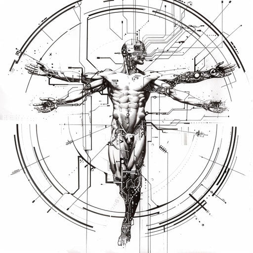A dynamic sketch of a Vitruvian Man with electric circuits integrated into the limbs, symbolizing technology, in a sleek clipart style