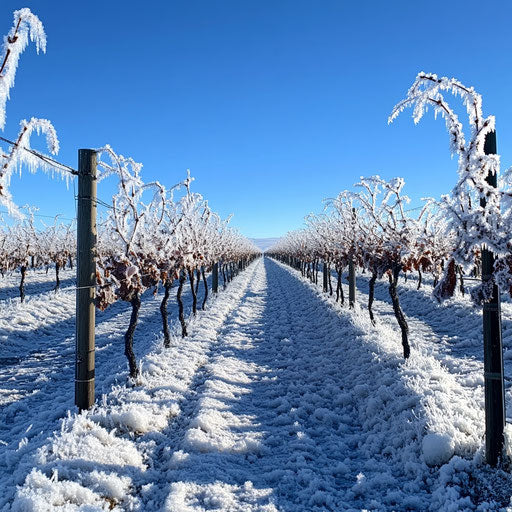 Winter vineyard under rime ice, clear blue sky