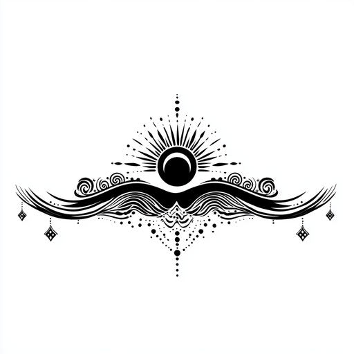 Tribal arm tattoo with sun and wave on white background