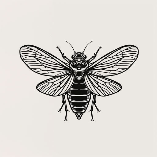 Minimalist black and white tattoo sketch of a cicada