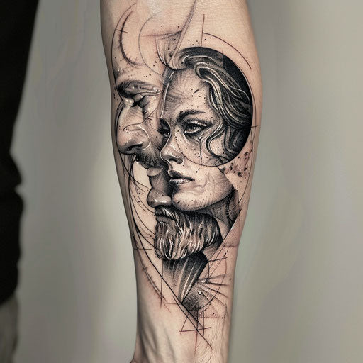 Father-daughter tattoos with mystical themes, in the style of David Palumbo