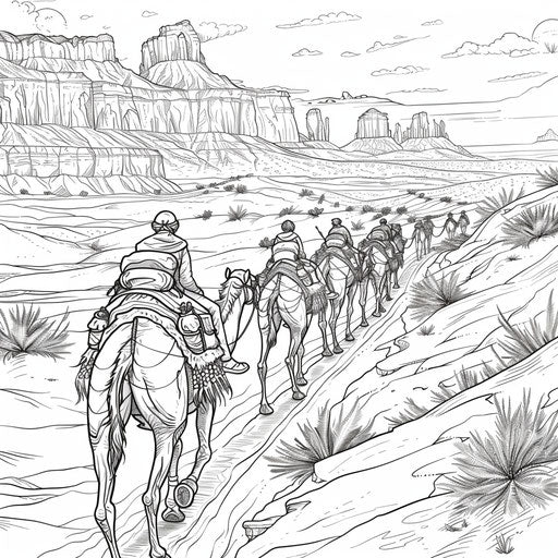 Camel caravan in a desert landscape