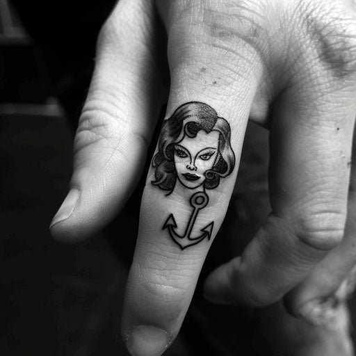 Finger tattoo with classic pin-up girls and anchors