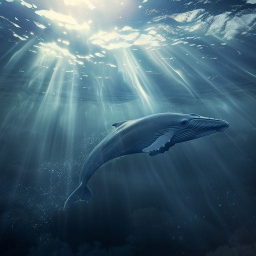 Blue whale swimming under waves with sun rays in Vincent Munier style