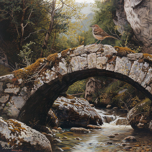 Creeper bird on an old stone bridge over a crystal-clear mountain stream
