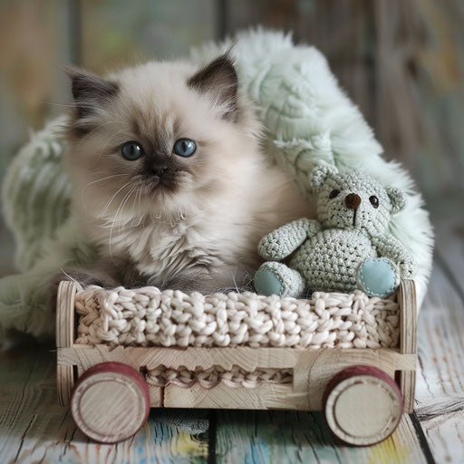 Himalayan kitten in a tiny bed with a toy bear