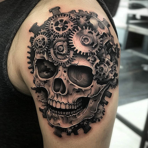 Skull tattoos for men with mechanical gears