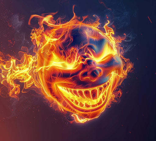 Character of emotion with flames on dark shiny background