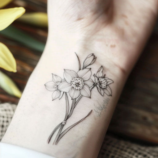 Elegant single needle Narcissus tattoo design