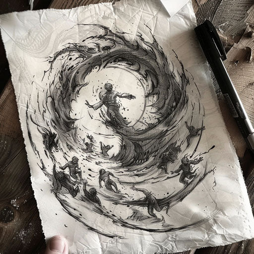 Dynamic flat tattoo sketch of souls ascending and descending in a hellish vortex