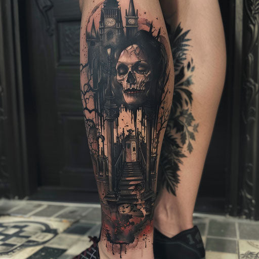 Victorian horror leg tattoo in the style of David Palumbo