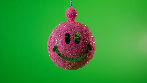 Sparkling pink smiley charm on isolated green backdrop