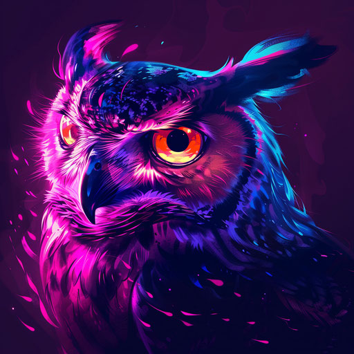 Sketch of a neon owl with glowing eyes in the dark