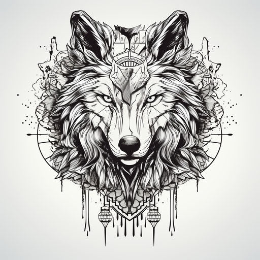 Illustration of wolf tattoo design in black and white, intricate collage style