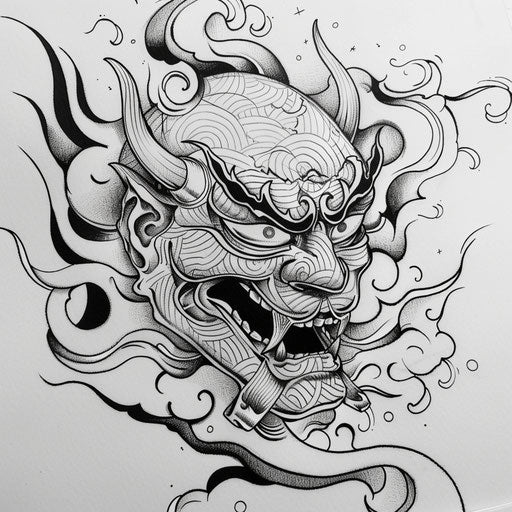 Hannya mask with swirling clouds and crescent moon