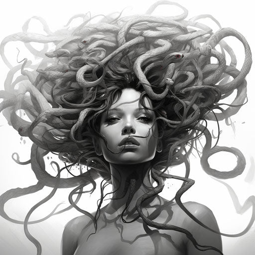 Drawing of medusa with snakes in realistic style