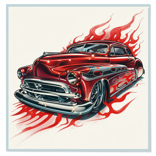 Hot rod car tattoo, 1950s American culture style
