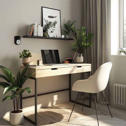 Minimalist home office with laptop and potted plants
