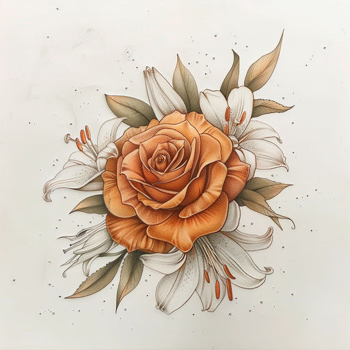 Romantic tattoo sketch of an amber rose intertwined with soft white lilies