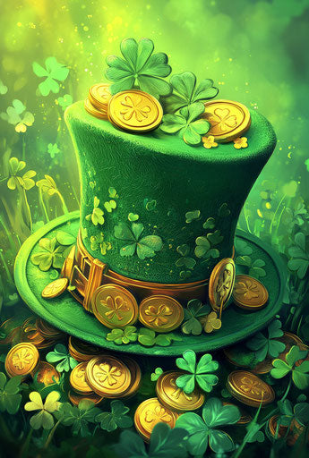 Green hat with gold coins and shamrocks on vibrant background