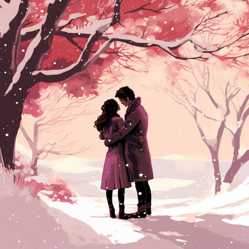 Hug under snowy tree, colorful cartoon style, dark pink and dark brown, simple, handsome