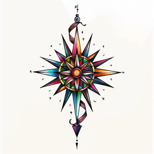 Compass rose tattoo in flat clipart style with vibrant colors