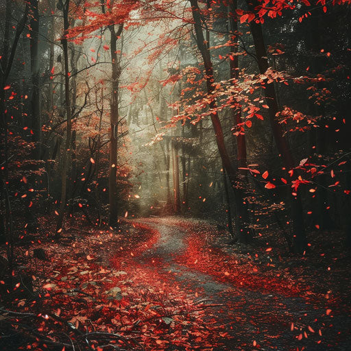 Red and gold leaf path in autumnal forest