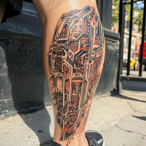 Shin tattoo with mechanical armor plating and circuitry