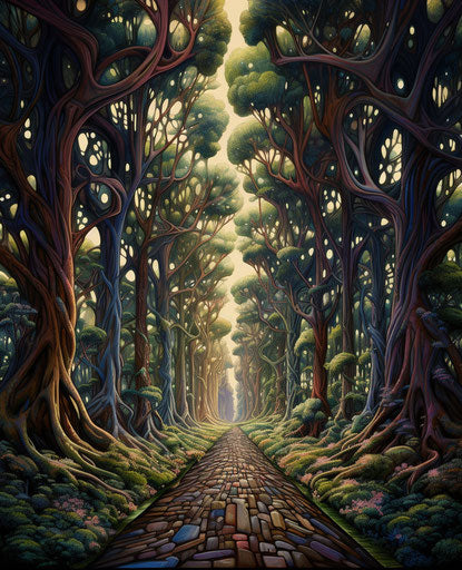 Tree-lined path through trees, Italian landscape style