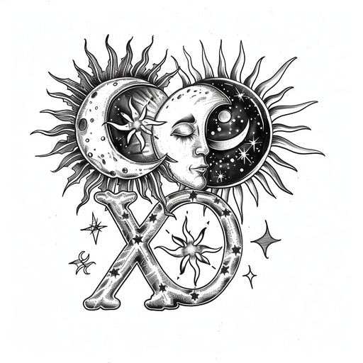 Celestial xo tattoo sketch with suns and moons