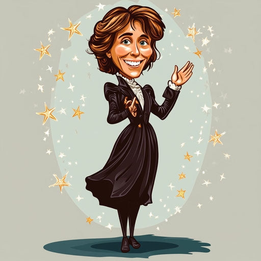 Humorous caricature of a Louisa May Alcott caricature clipart with human characteristics, exaggerated prominent chin, long legs, surrounded by stars, vibrant colors, cartoon style, waving, high-resolution, no background, isolated -c 40