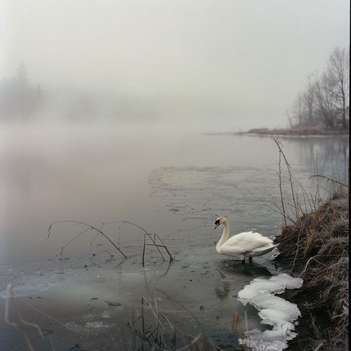 Swan on misty lake in spring with melting ice and green shoots