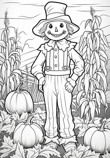 Scarecrow coloring page, light orange and magenta style, black-and-white, light sky-blue and black, dark yellow and dark green, rectangular fields, patriotic, dark bronze and white