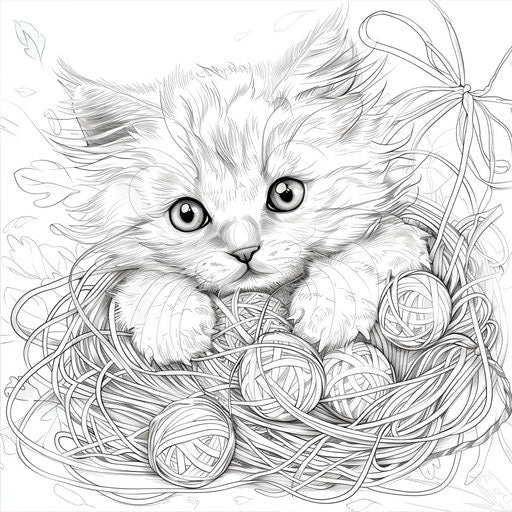 Playful kitten caught in yarn with balls around. Coloring page